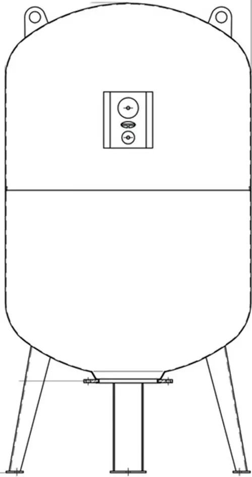 Druckausdehnungsgefäß mit runder Form, montiert auf drei Beinen, ausgestattet mit einem Bedienfeld und Anschluss am unteren Ende, hergestellt von IMI Hydronic Engineering.